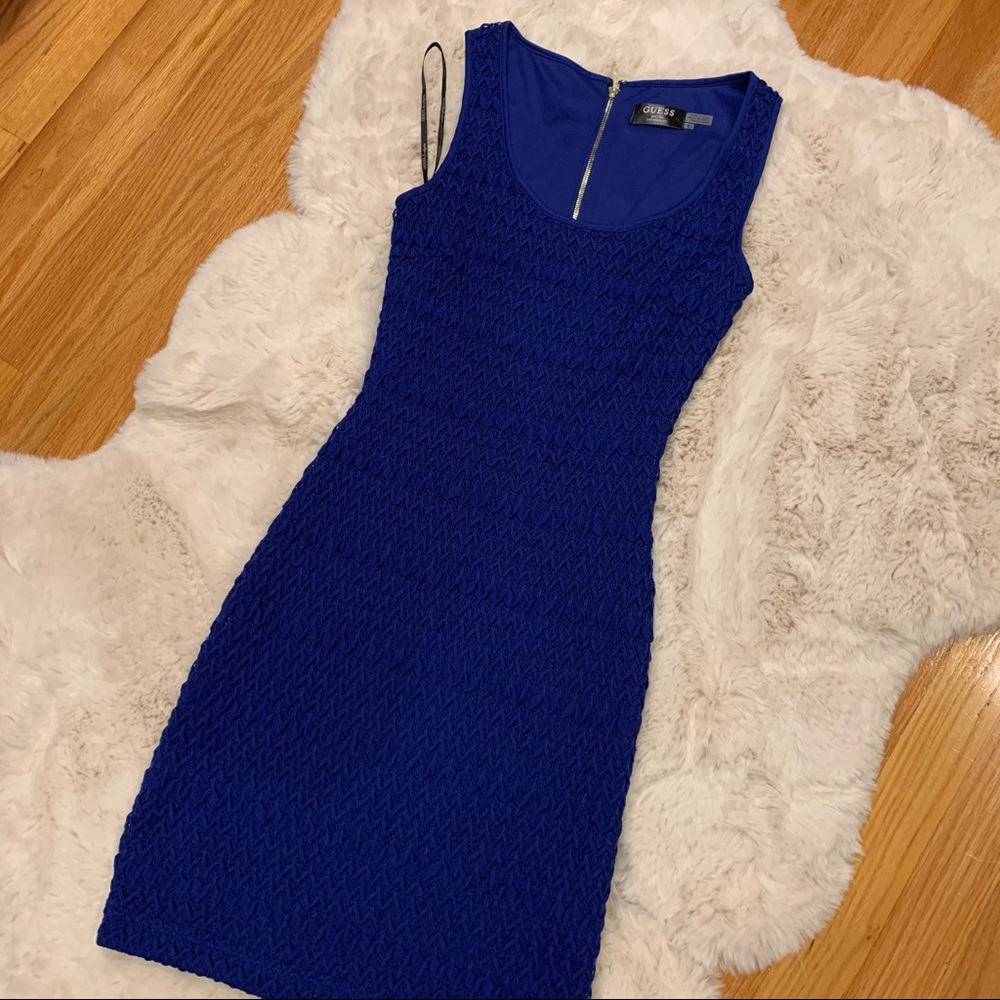 Early 2000s vintage Guess Royal Blue Knit Bodycon Dress with Gold Zipper